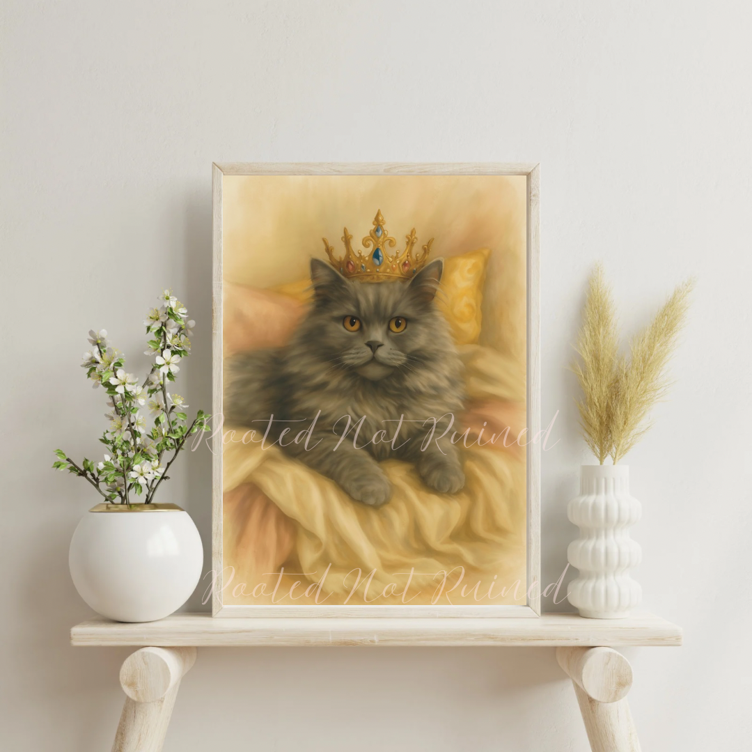 Throne of Whiskers” – A Portrait of Quiet Power- Gray Long-Haired Cat with Crown – Noble Fine Art Cat Portrait Download | Digital Regal Animal Wall Art Print