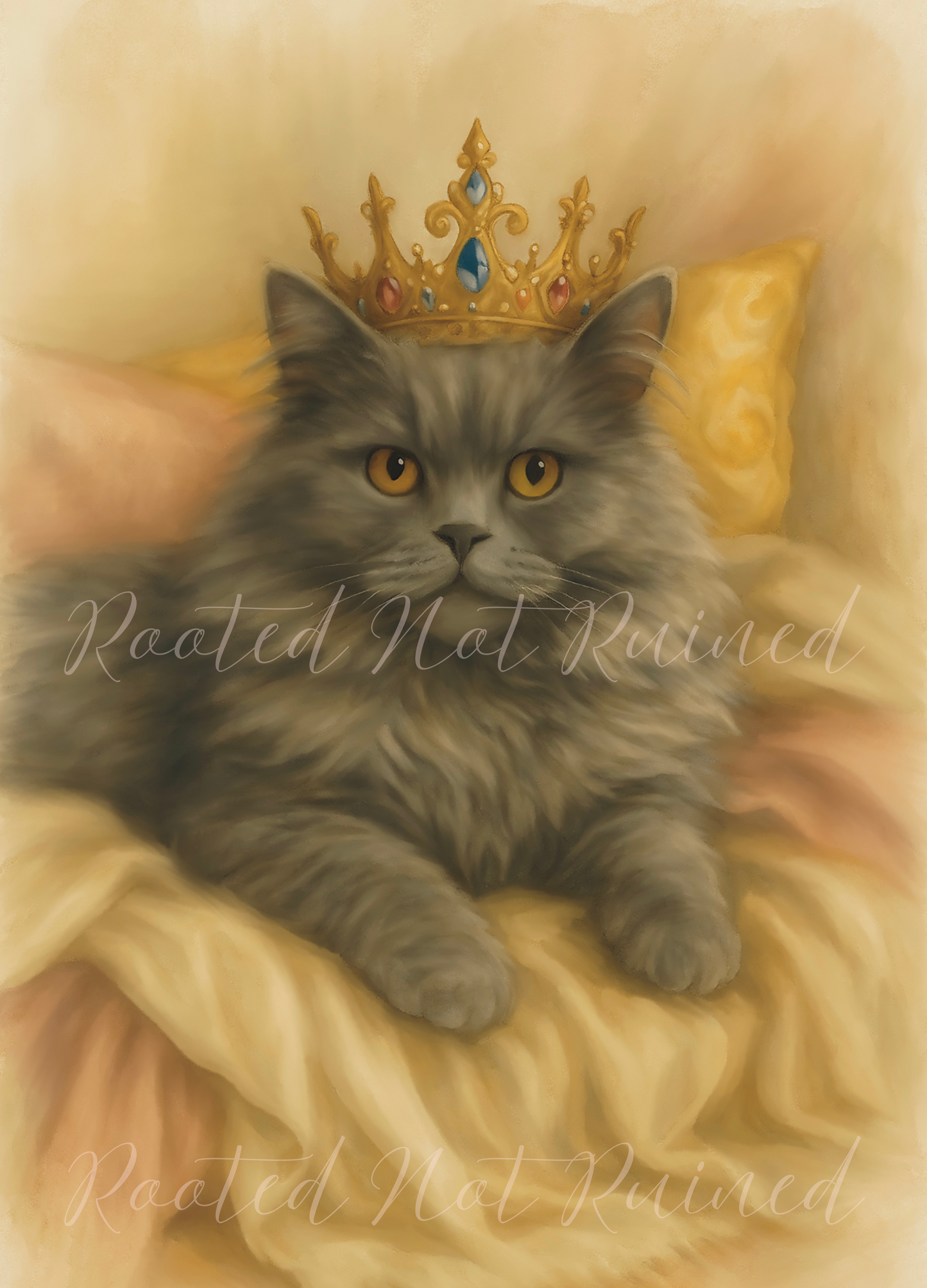 Throne of Whiskers” – A Portrait of Quiet Power- Gray Long-Haired Cat with Crown – Noble Fine Art Cat Portrait Download | Digital Regal Animal Wall Art Print