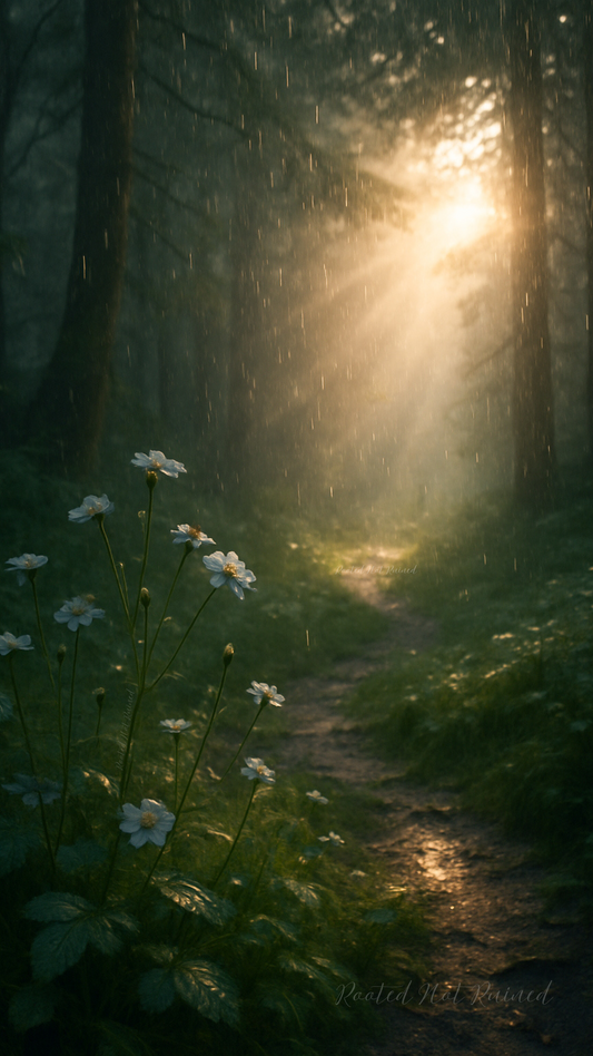 Sunlit Stillness | Cinematic Wildflower Forest Phone Wallpaper | Moody Nature Background | Rainy Meadow Aesthetic | iPhone & Android Compatible | Digital Download