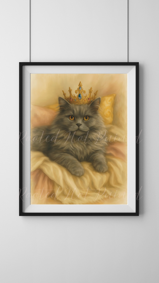 Throne of Whiskers” – A Portrait of Quiet Power- Gray Long-Haired Cat with Crown – Noble Fine Art Cat Portrait Download | Digital Regal Animal Wall Art Print